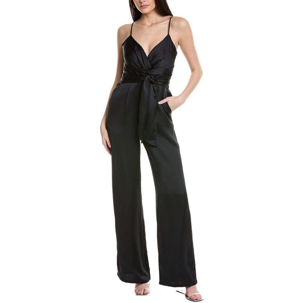 petal + pup black satin wide leg faux wrap jumpsuit silky elegant flowy size XS